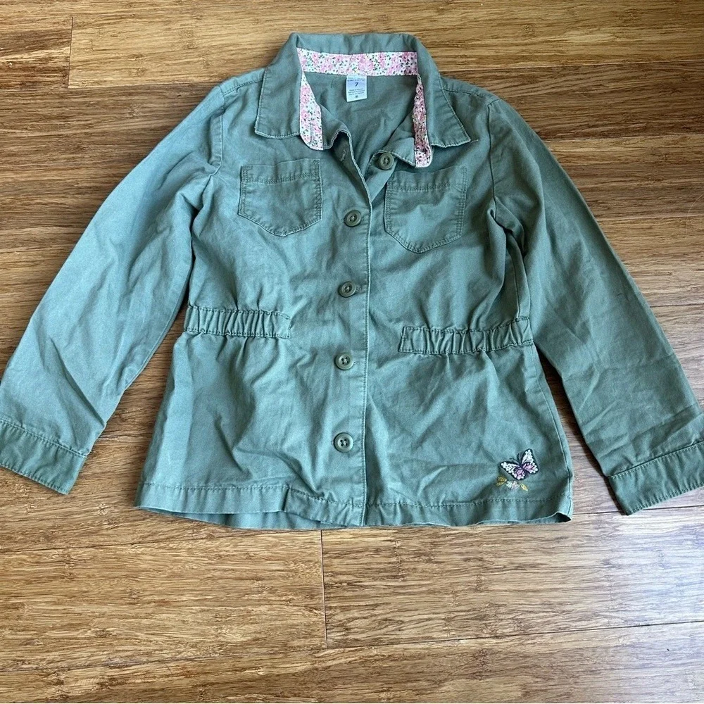 CARTER'S Girls Size 7 Fairy‎ Floral Butterfly Green Twill Jacket Cinch Waist